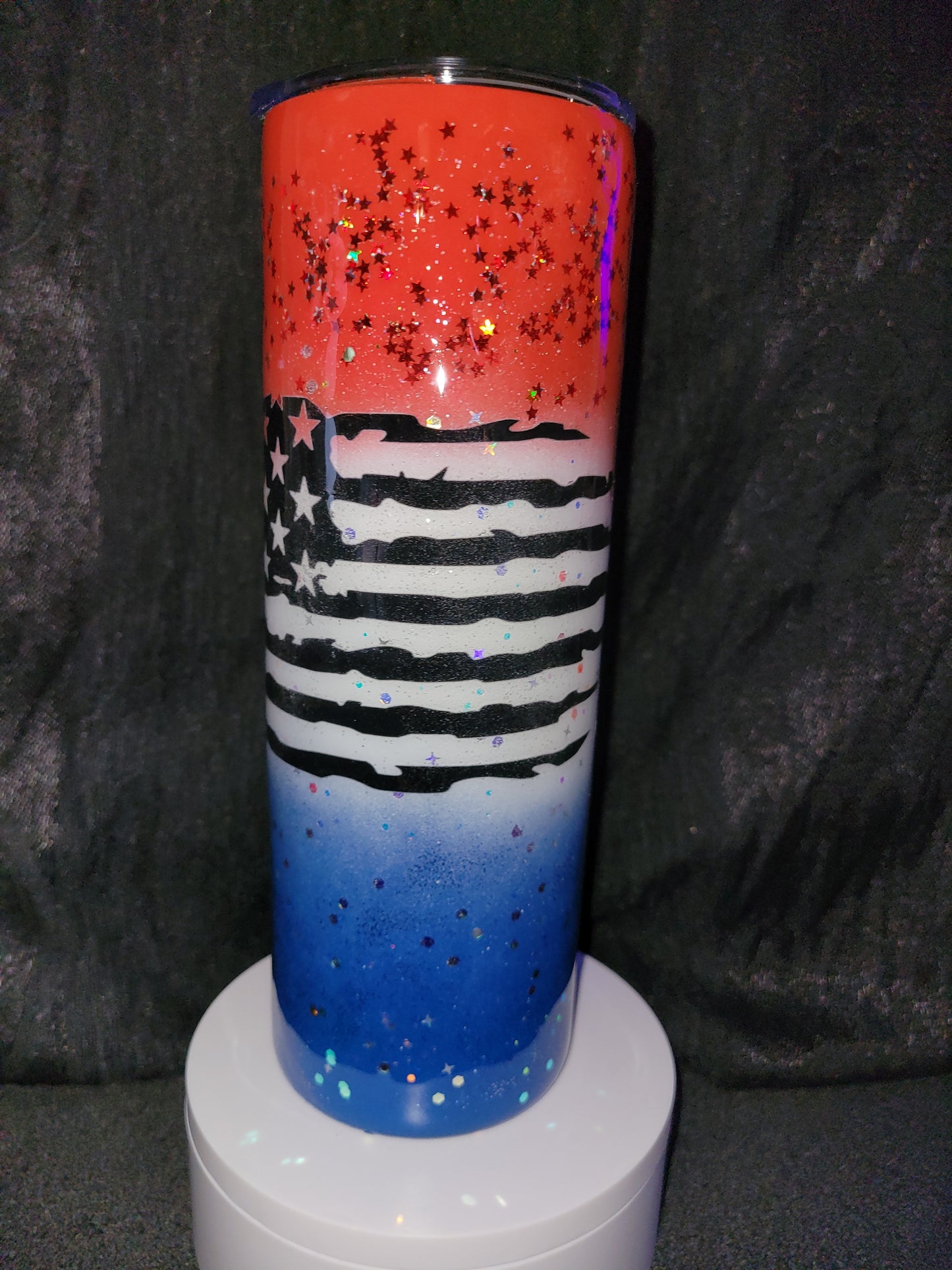Red, white and blue with flag