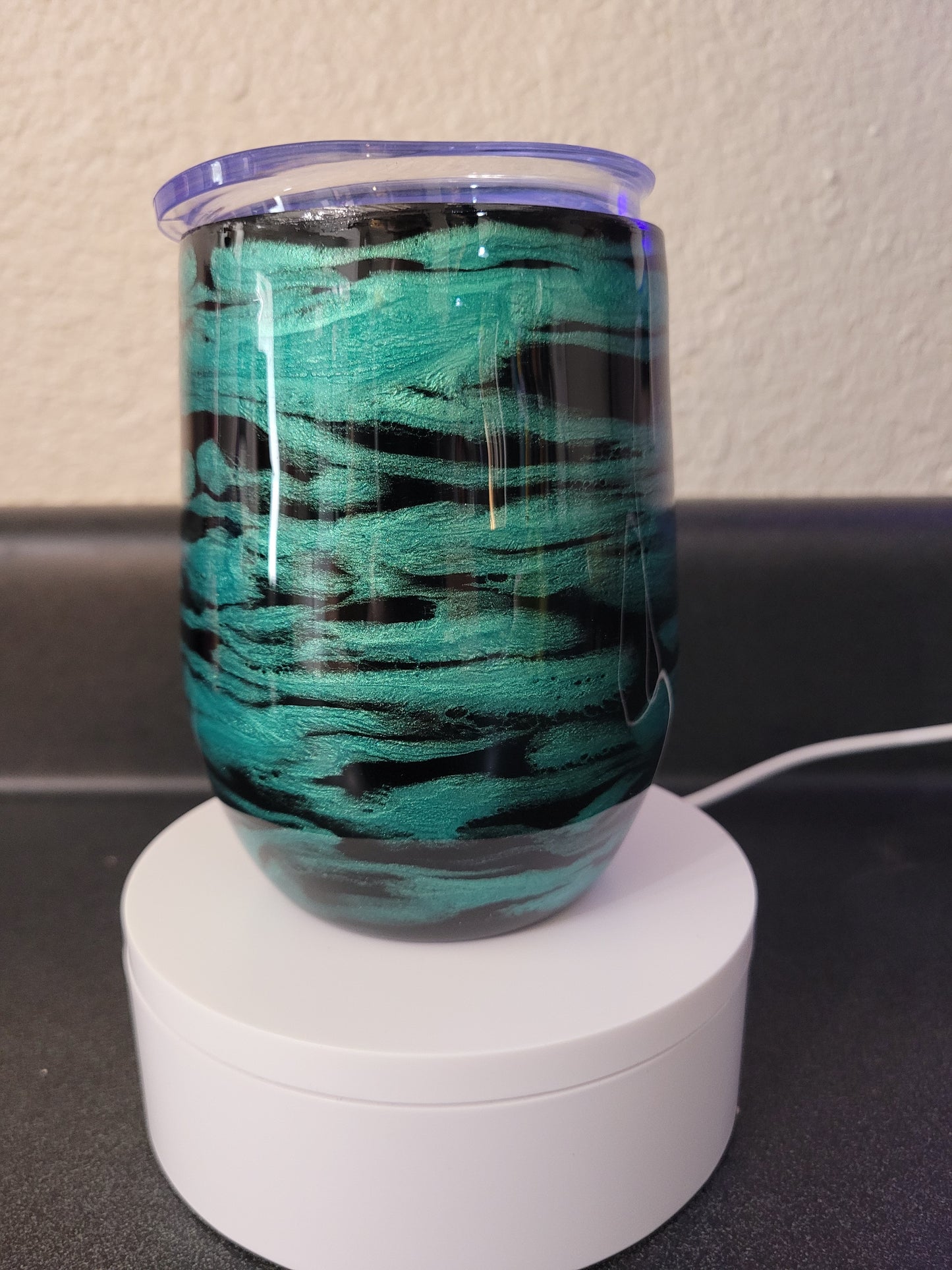 Black with green swirl. Wine tumbler. READY TO SHIP.