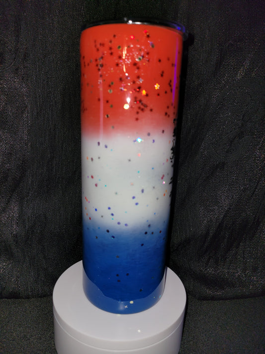 Red, white and blue with flag